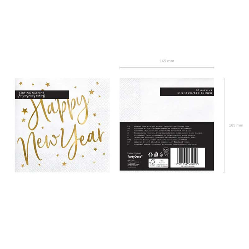 Servietten "Happy New Year" 20Stk/33x33cm | Weiß/Gold