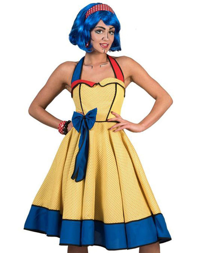 Pop Art Neckholder Kleid für Damen - Gelb Blau | 50er 60er Jahre Retro Party Kostüm