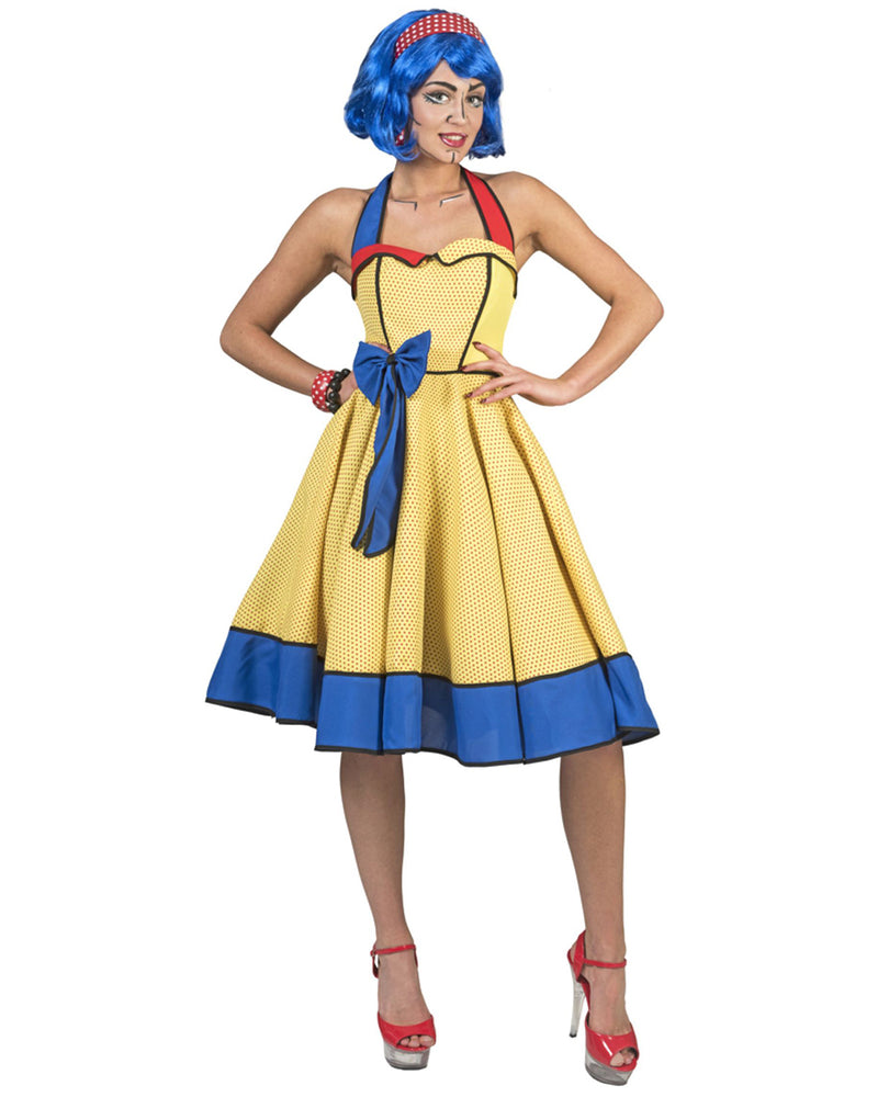 Pop Art Neckholder Kleid für Damen - Gelb Blau | 50er 60er Jahre Retro Party Kostüm