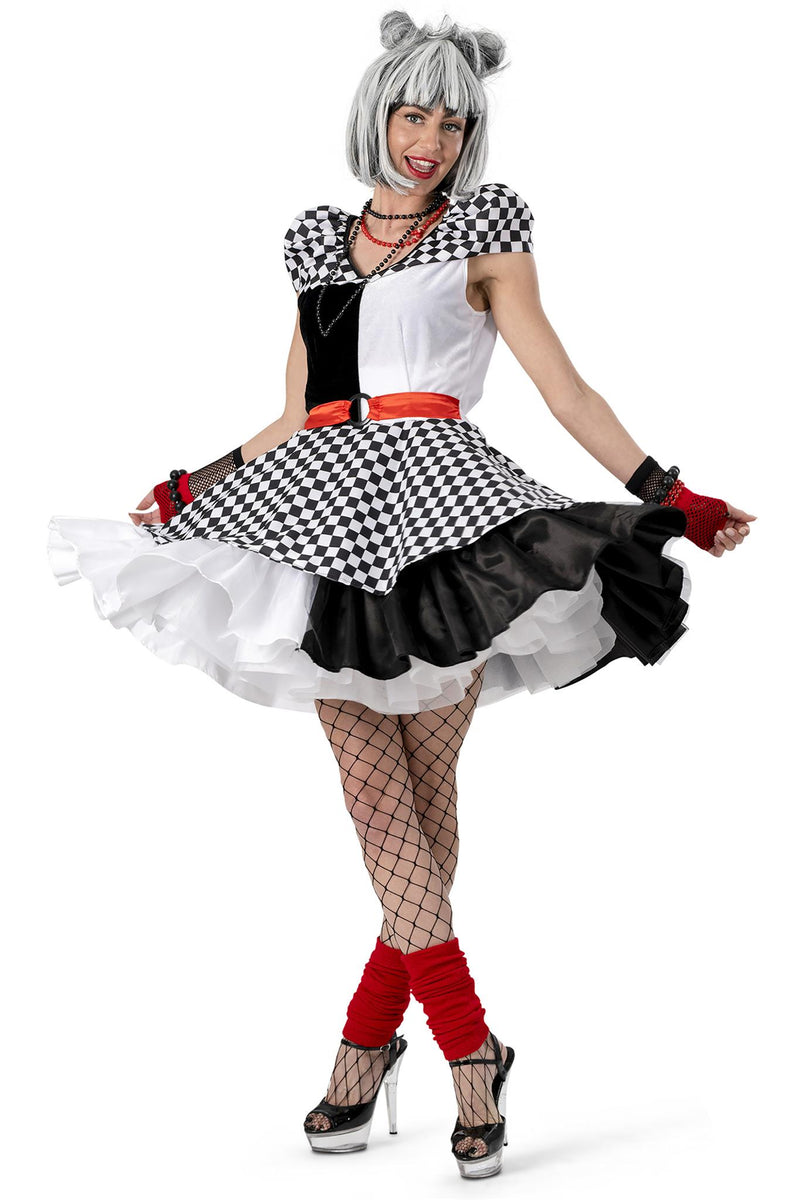 Clown Kostüm "Karierte Suzanna" für Damen | Schwarz Weiß - Kleid und Gürtel