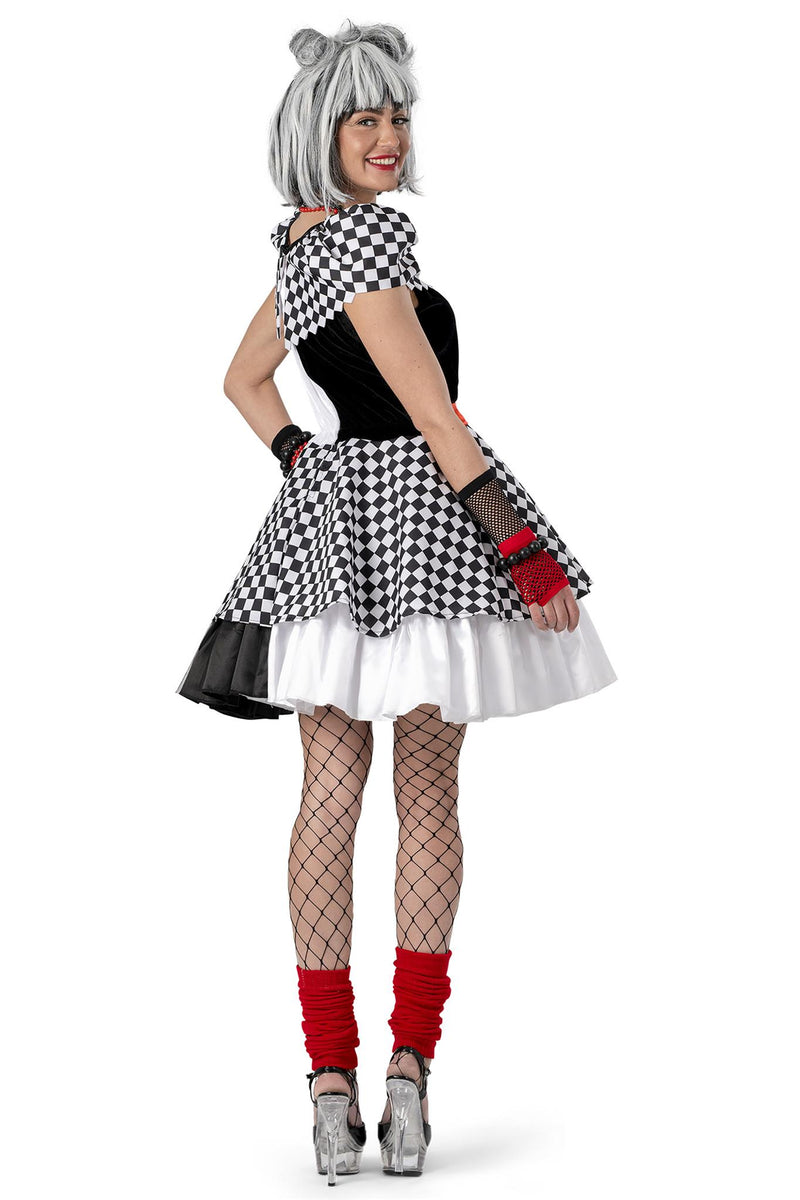 Clown Kostüm "Karierte Suzanna" für Damen | Schwarz Weiß - Kleid und Gürtel