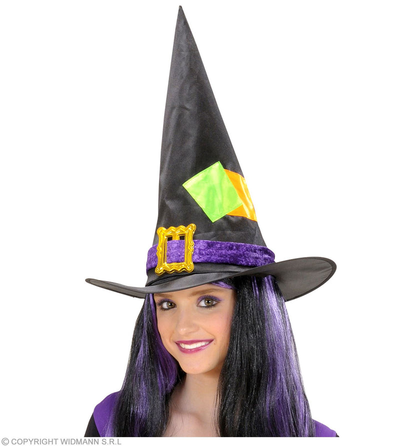 Kinder Hexenhut mit Flicken und Schnalle | Schwarz Bunt