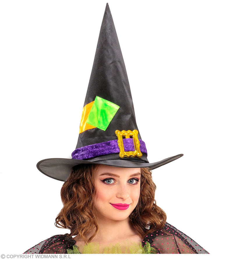 Kinder Hexenhut mit Flicken und Schnalle | Schwarz Bunt