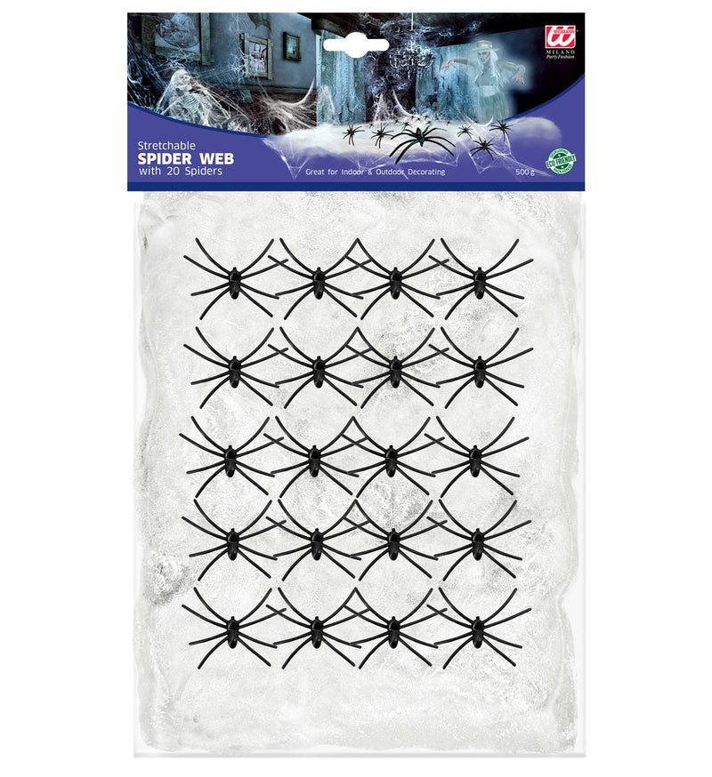 Weißes Halloween Spinnennetz | 500g mit 20 Spinnen Dekoration