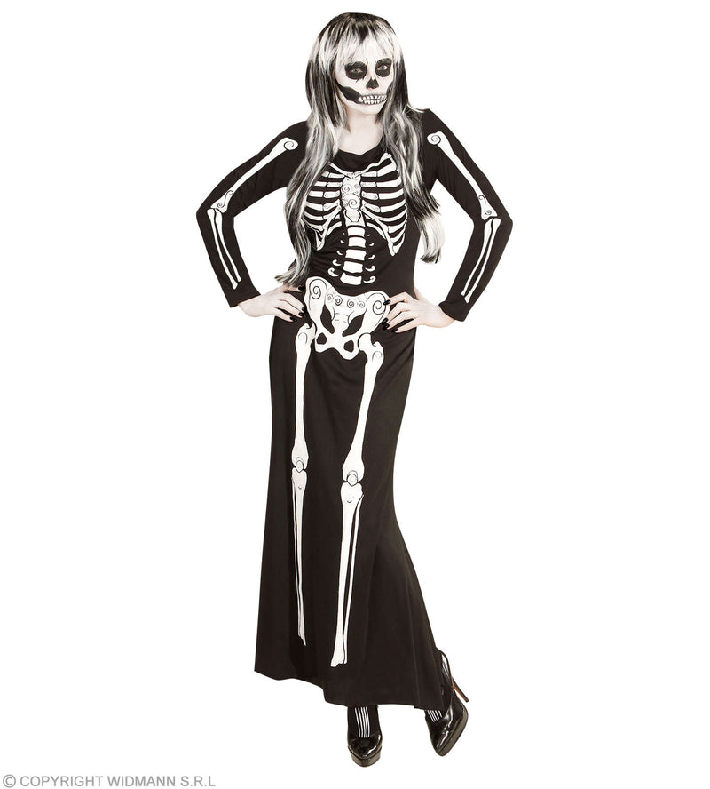 Skelett Girl Kostüm für Damen | Langes Kleid mit Skelettdruck - Schwarz
