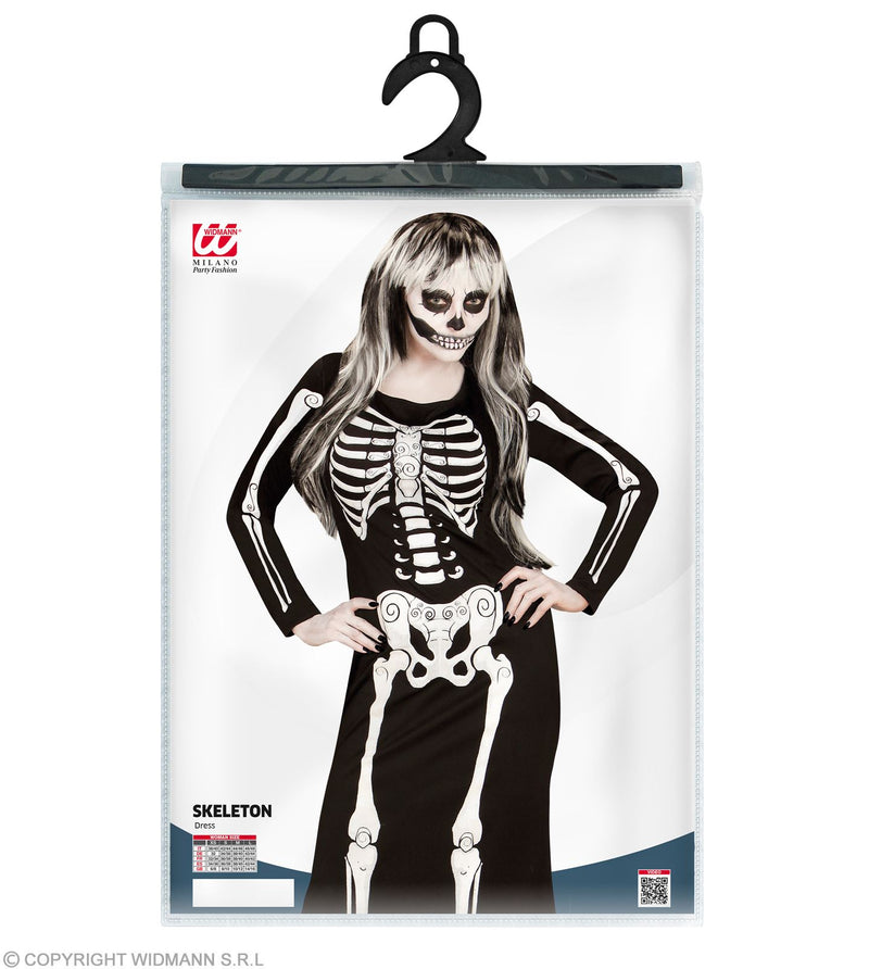 Skelett Girl Kostüm für Damen | Langes Kleid mit Skelettdruck - Schwarz