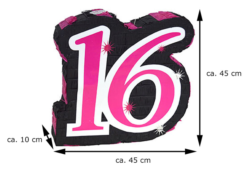 Pinata "Sweet 16" Schwarz/Pink | 47x45x10cm