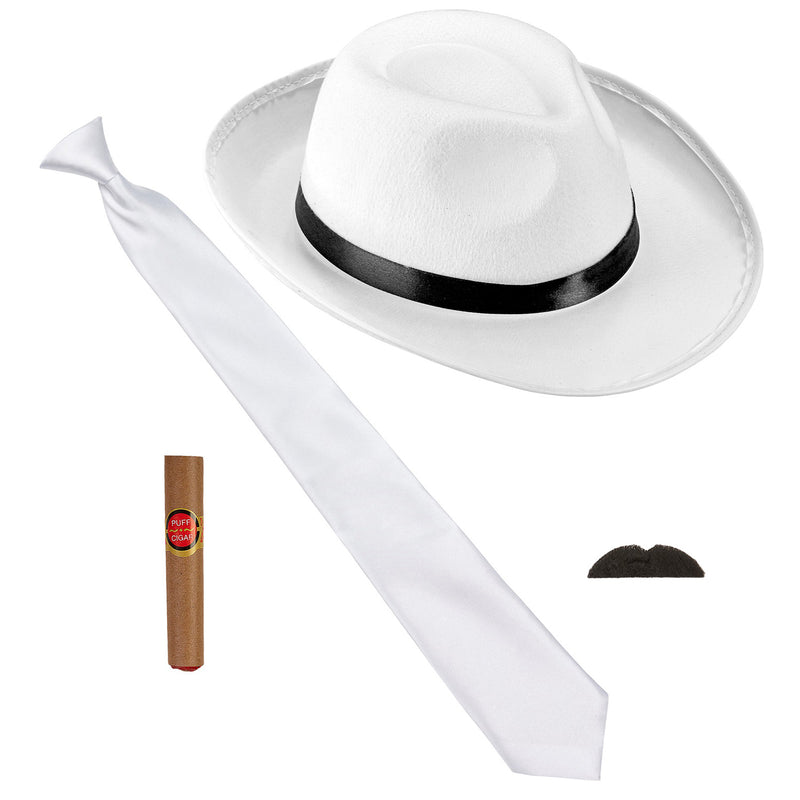 Gangster Set "Mafia" 4-tlg. | Weiß - Hut Bart Zigarre Hosenträger