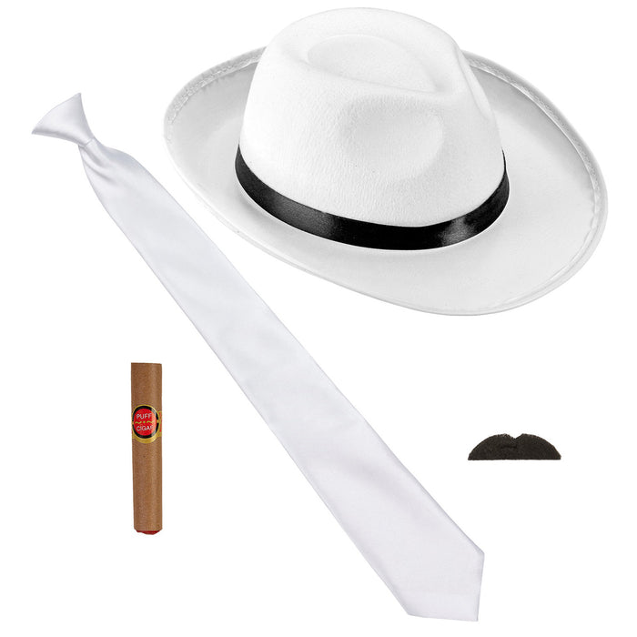 Gangster Set "Mafia" 4-tlg. | Weiß - Hut Bart Zigarre Hosenträger