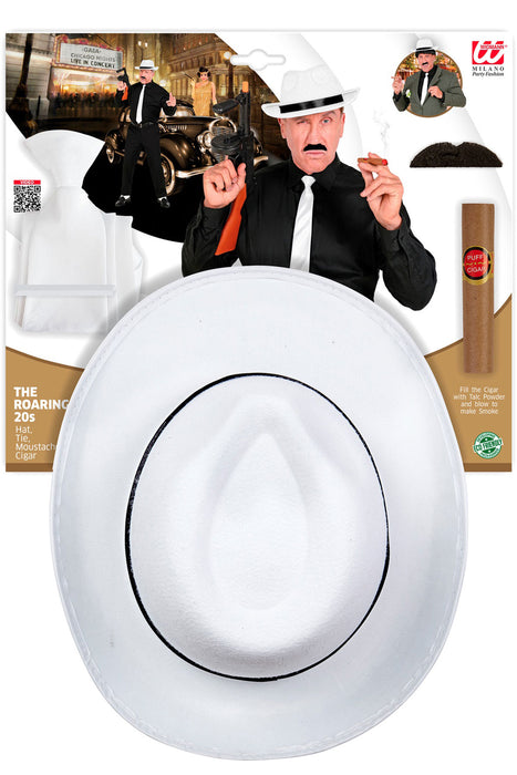 Gangster Set "Mafia" 4-tlg. | Weiß - Hut Bart Zigarre Hosenträger