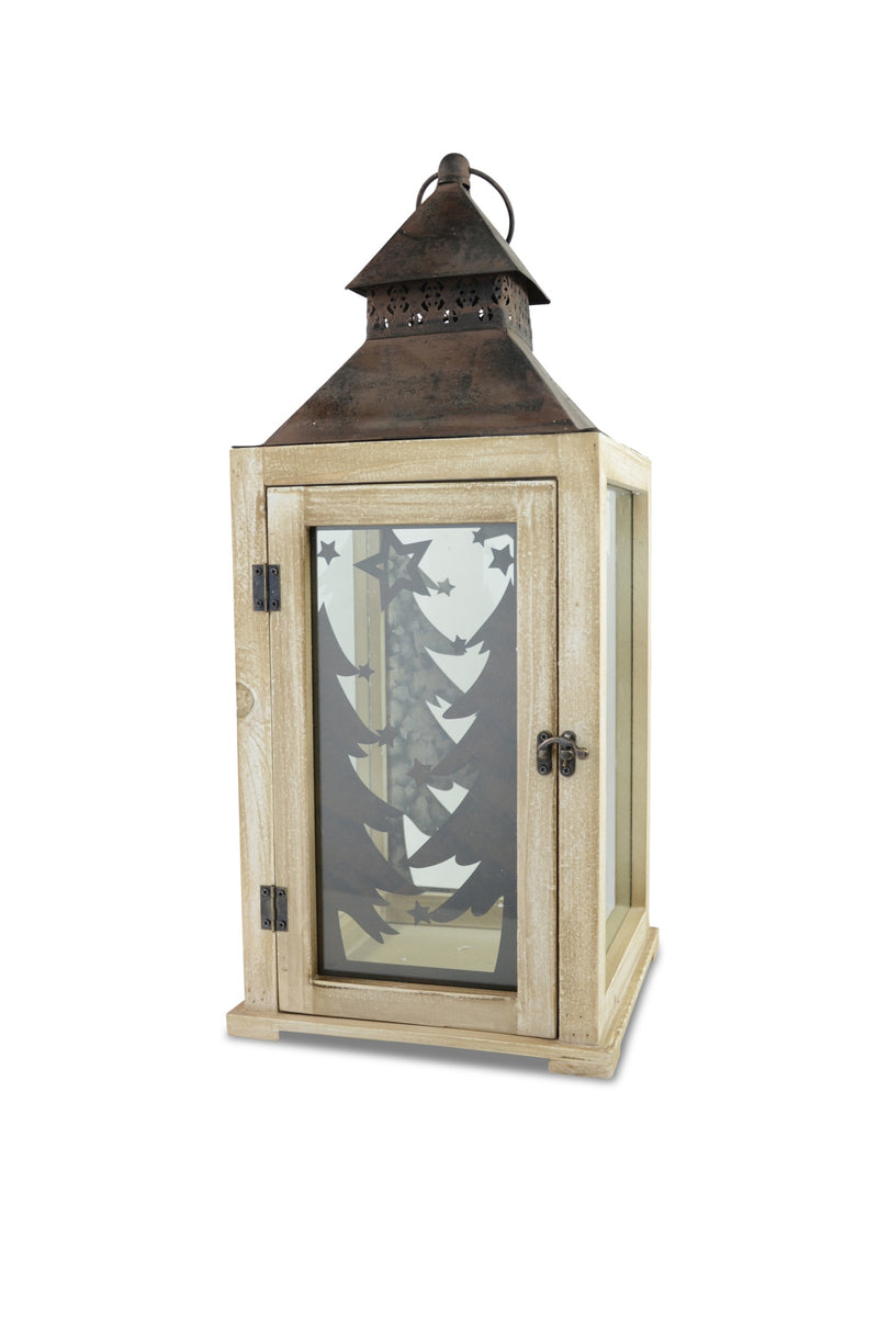 Laterne mit Weihnachtsbaum-Dekor | 24×57 cm | Holz, Glas & Metall | Braun | 70177
