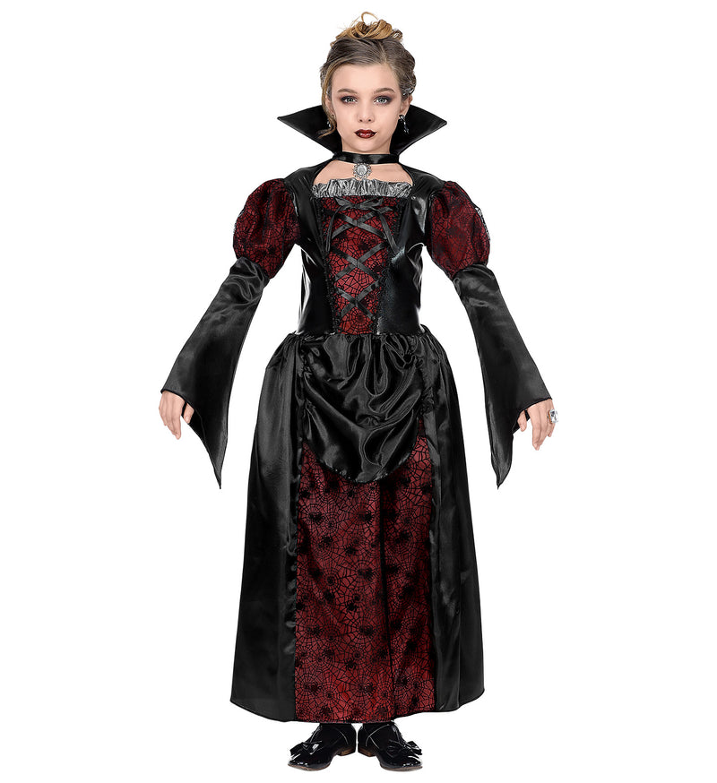 Vampirin Dracula Kinderkostüm - Langes Kleid mit Halsschmuck | Schwarz Rot