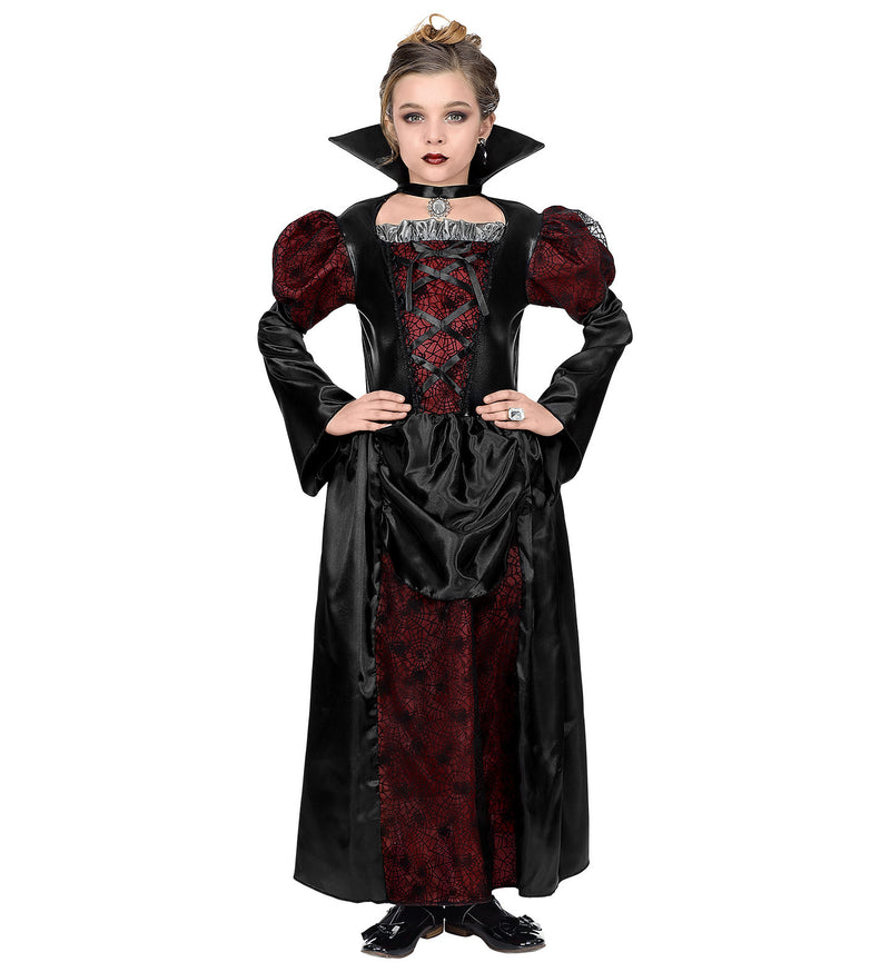 Vampirin Dracula Kinderkostüm - Langes Kleid mit Halsschmuck | Schwarz Rot