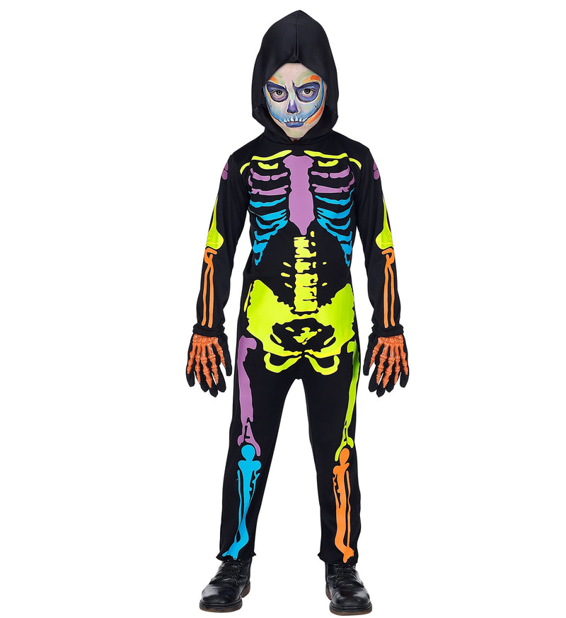 Kinderkostüm buntes Skelett, Kostüm für Halloween, Faschingskostüme Kinder, Overall mit Kapuze