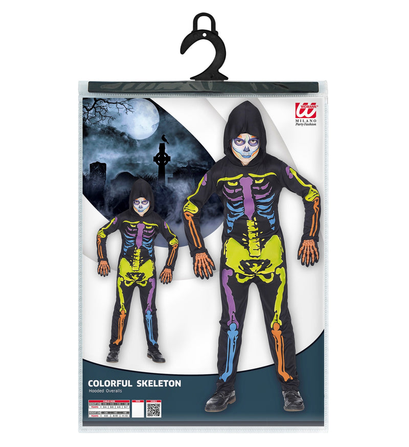 Kinderkostüm buntes Skelett, Kostüm für Halloween, Faschingskostüme Kinder, Overall mit Kapuze