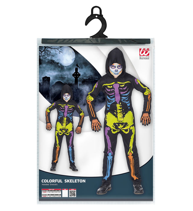 Kinderkostüm buntes Skelett, Kostüm für Halloween, Faschingskostüme Kinder, Overall mit Kapuze
