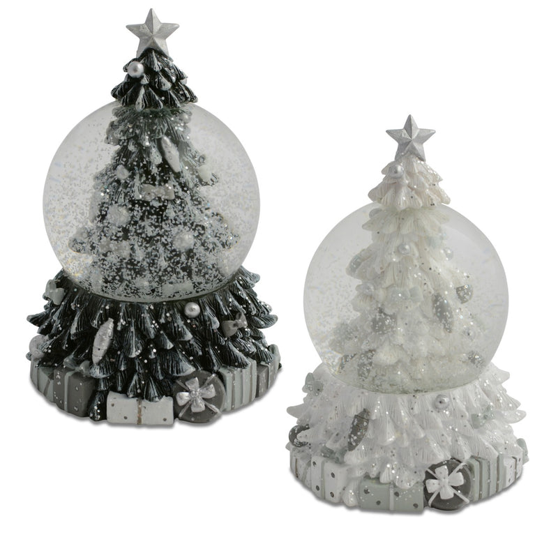Schneekugel Tannenbaum 12 cm | Weiß & Anthrazit