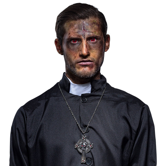 Halskette "Skull" mit Kreuz | Altsilber Rot