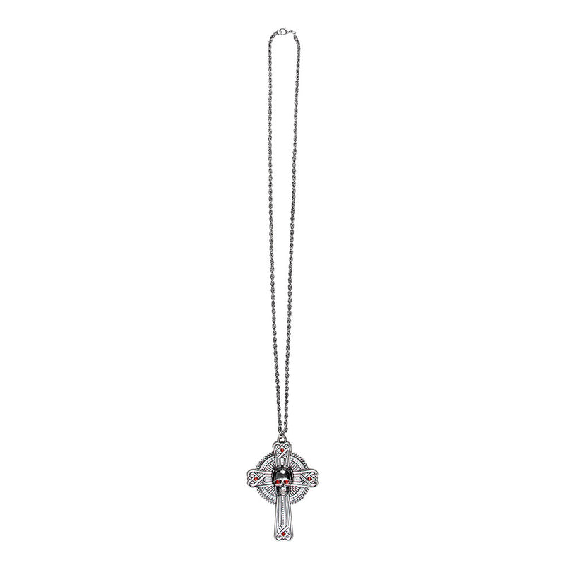 Halskette "Skull" mit Kreuz | Altsilber Rot