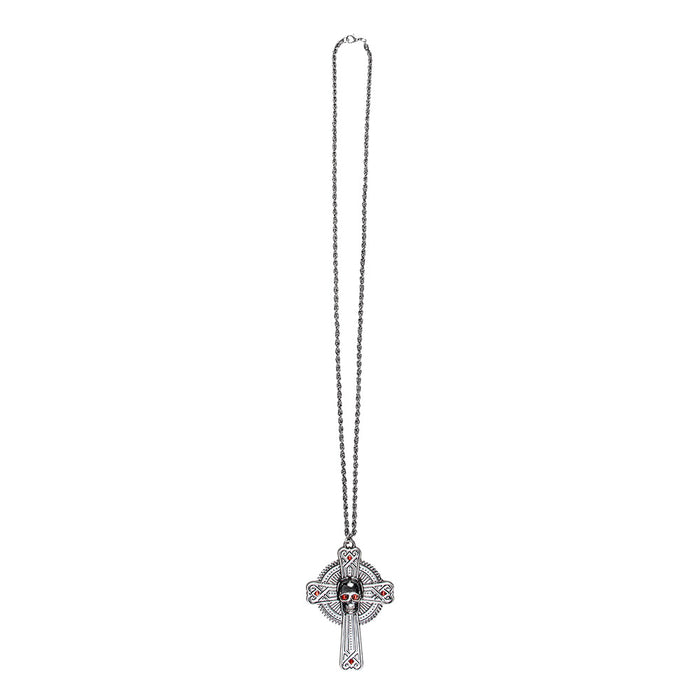 Halskette "Skull" mit Kreuz | Altsilber Rot