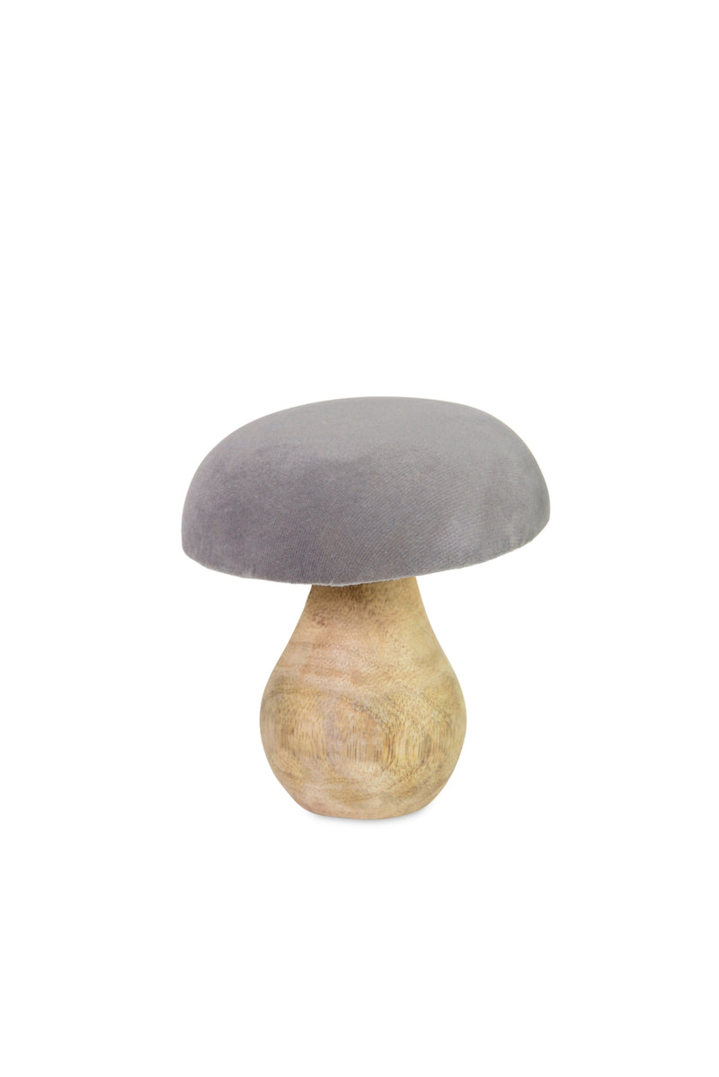 Deko-Pilz aus Mangoholz mit grauem Samthut 8×10 cm