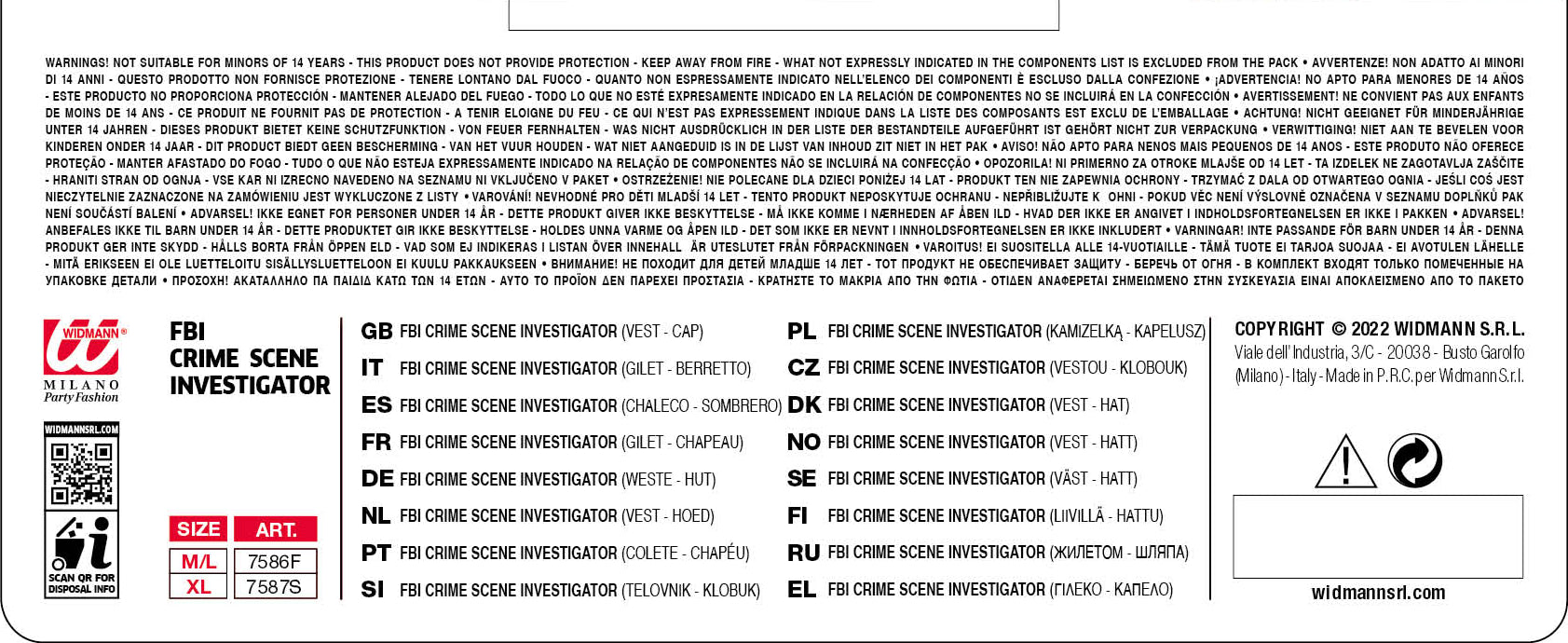 FBI Kostümset für Erwachsene - Weste und Kappe | Größe M/L