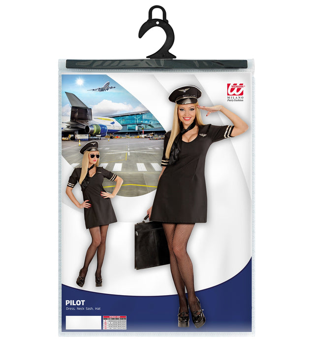 Pilotin Damenkostüm - Kleid und Hut | Schwarz Gold