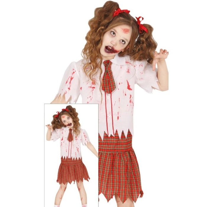 Kostüm "Zombie Schulmädchen" für Kinder | Rock, T-Shirt und Krawatte
