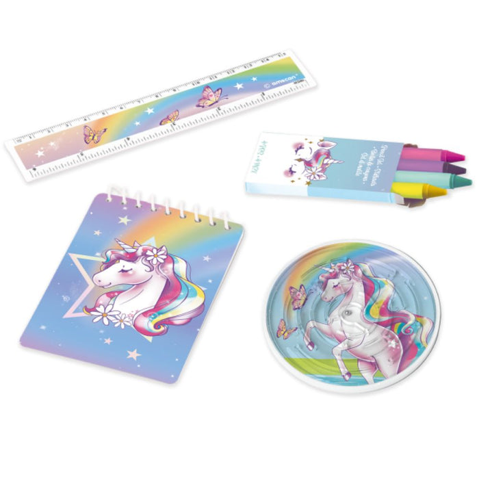 Favour-Set Einhorn | Notizblock, Lineal, Wachsmalstiftpackung und Labyrinth Puzzle je 4 Stück