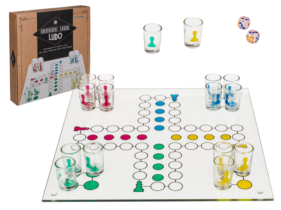 Glas-Trinkspiel "Ludo" | 16 Gläser & 2 Würfel