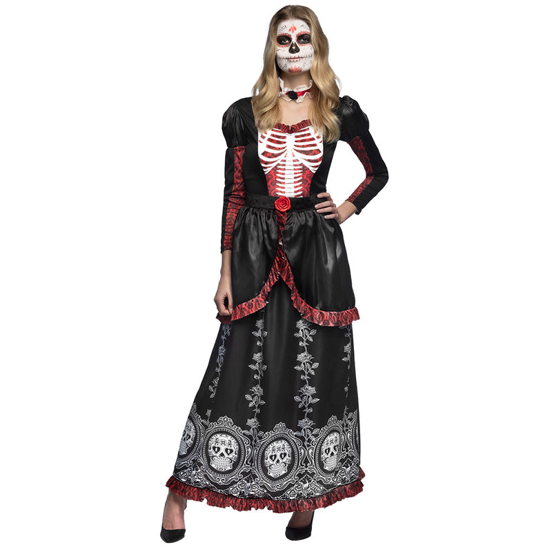 Dia des los Muertos "Senora Adriana" Skelett Kostüm für Damen | Schwarz Rot