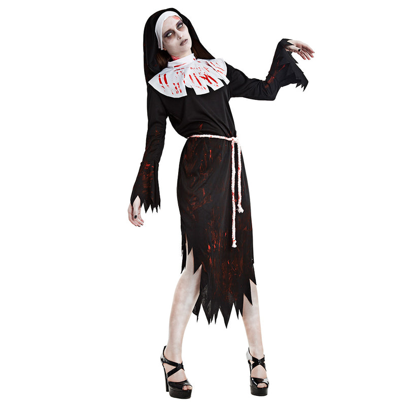 Zombie Nonne Halloween Kostüm für Damen | Schwarz mit Blutflecken
