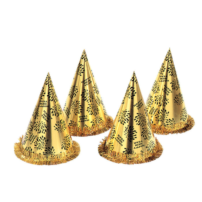 Kegelhut mit Fransen "Happy New Year" 28 cm | Gold