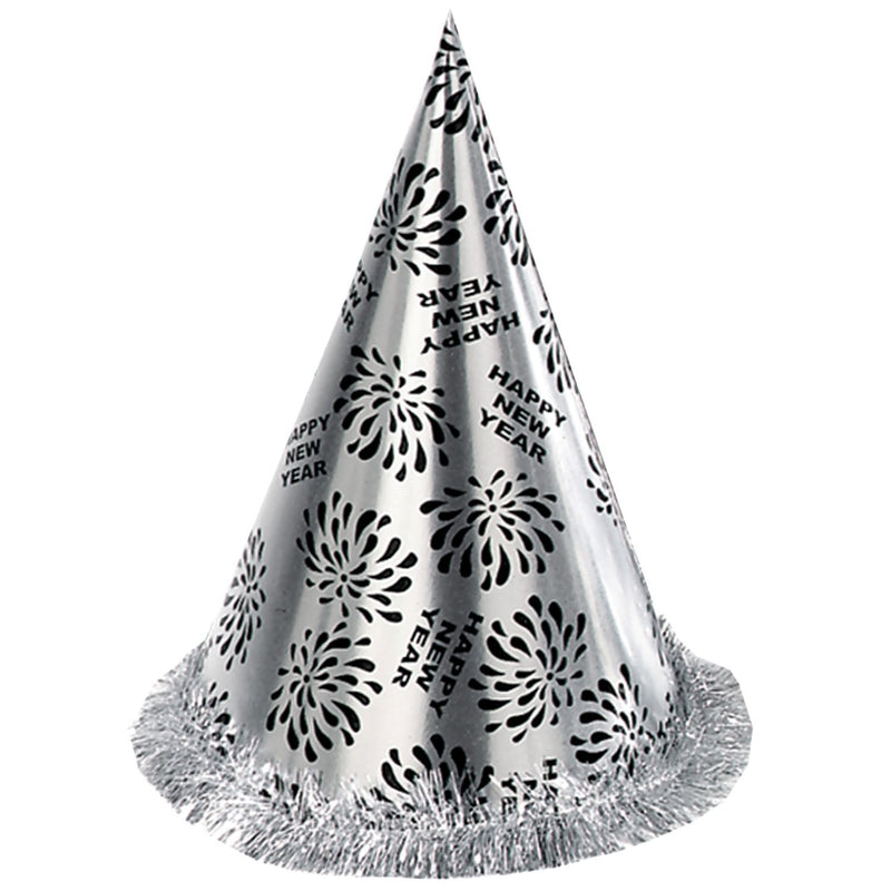Kegelhut mit Fransen "Happy New Year" 28 cm | Silber