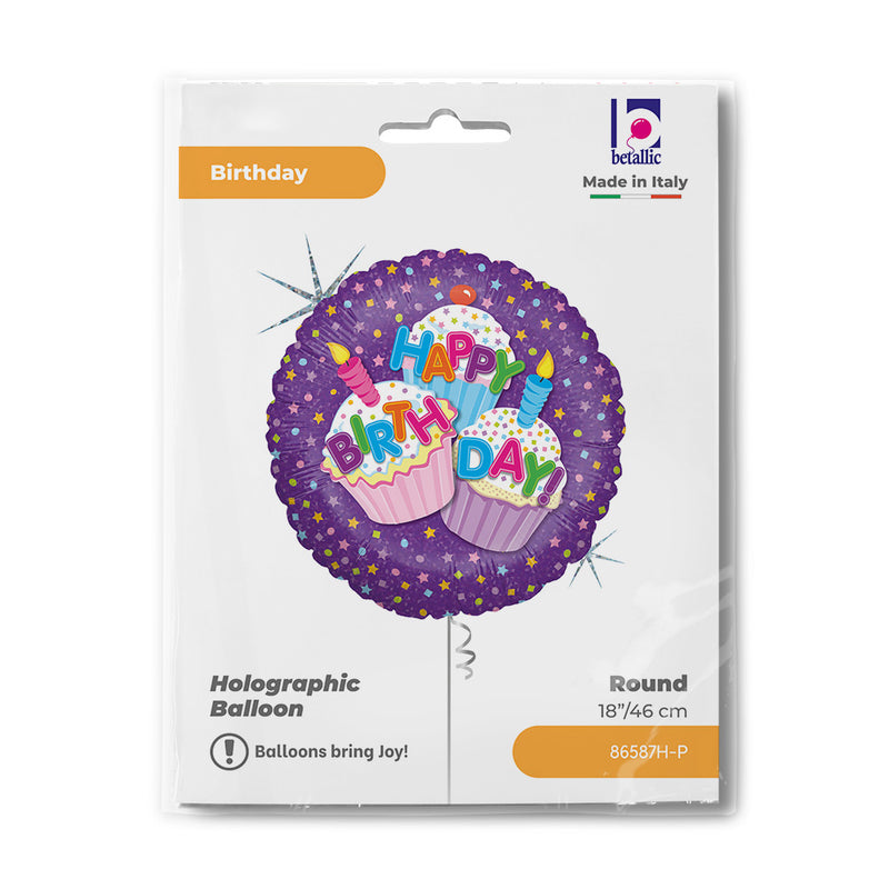 18"/Ø46cm Folienballon "Happy Birthday" Cupcake Holo