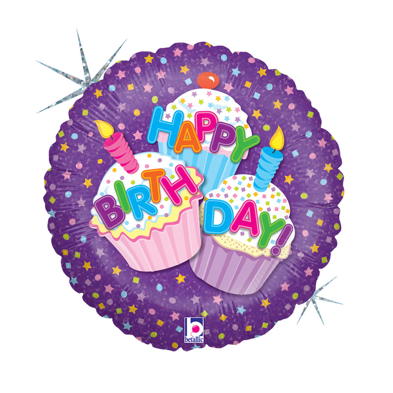 18"/Ø46cm Folienballon "Happy Birthday" Cupcake Holo