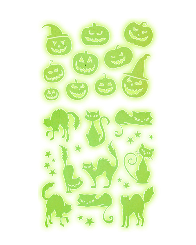 Leuchtende Halloween Deko Sticker "Kürbis und Katzen" | 21 x 15 cm Aufkleber