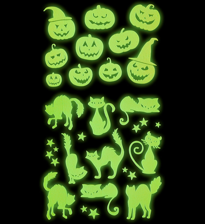 Leuchtende Halloween Deko Sticker "Kürbis und Katzen" | 21 x 15 cm Aufkleber