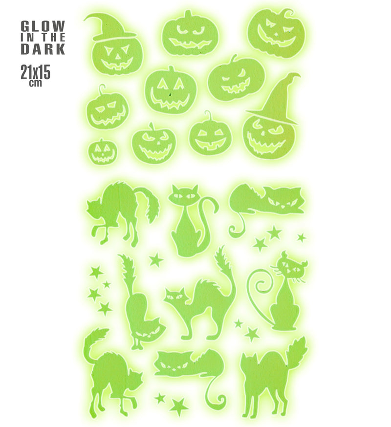 Leuchtende Halloween Deko Sticker "Kürbis und Katzen" | 21 x 15 cm Aufkleber