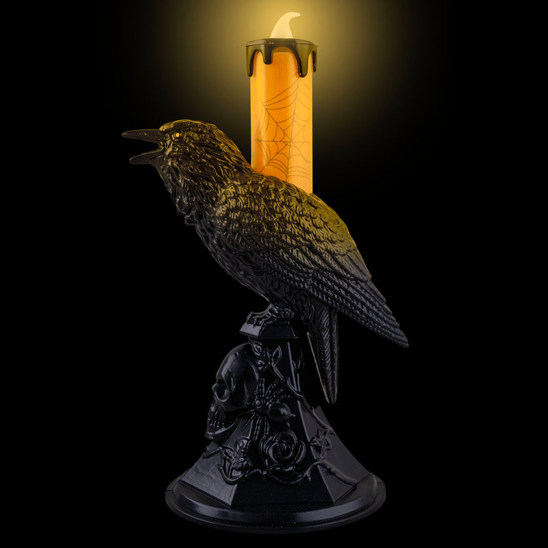 Beleuchteter Kerzenhalter mit schwarzem Raben | 18 cm
