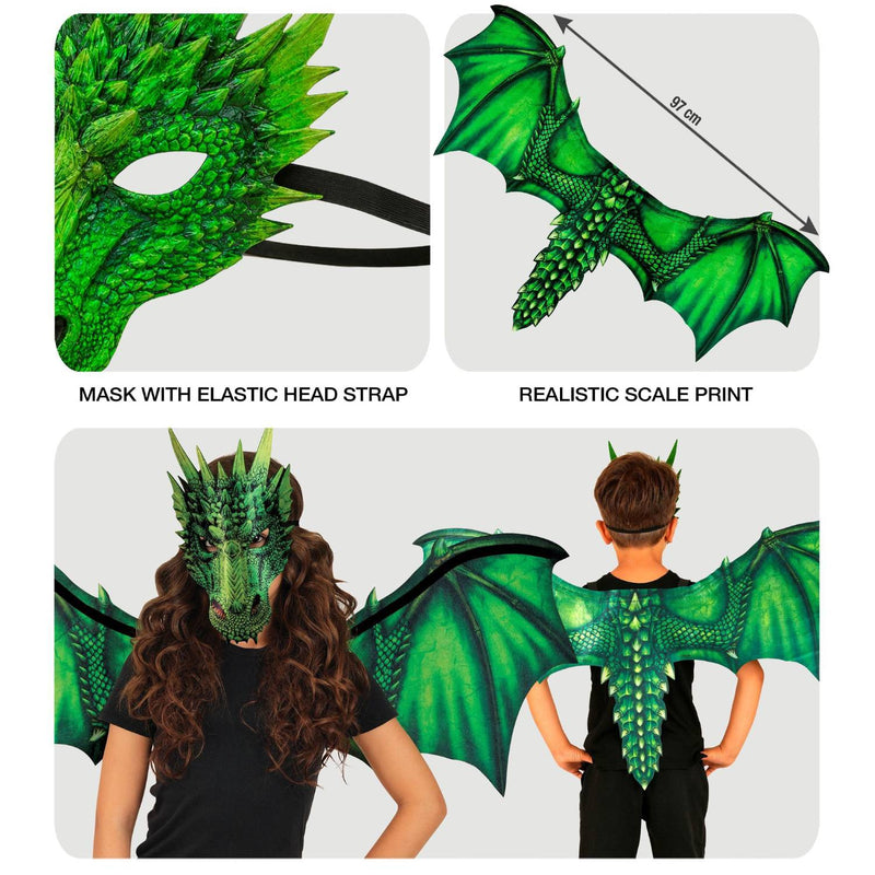 Kostümset "Drache" 2-tlg. | Flügel und Maske - Grün