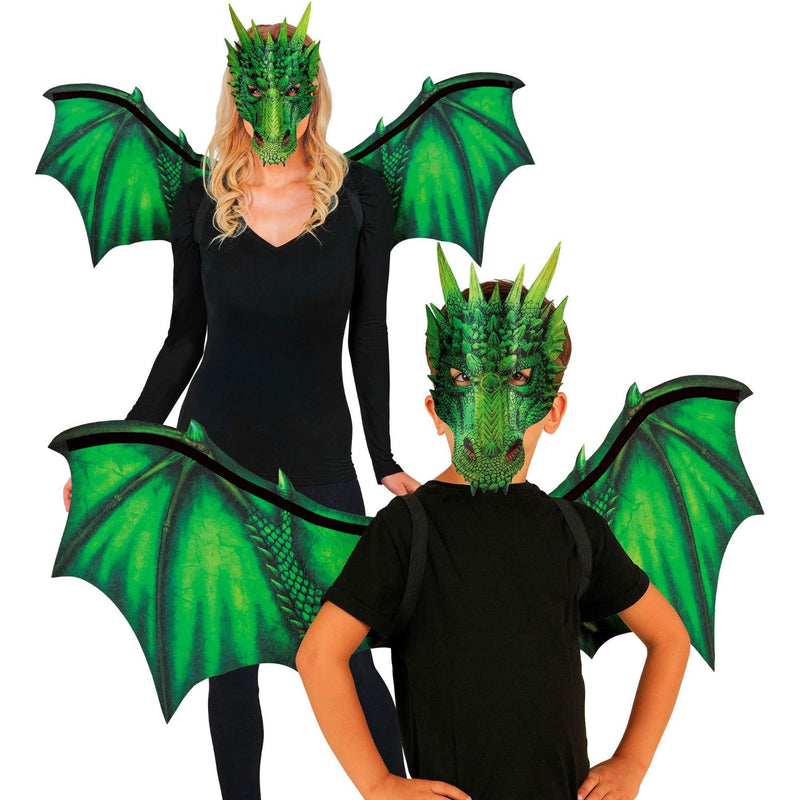 Kostümset "Drache" 2-tlg. | Flügel und Maske - Grün