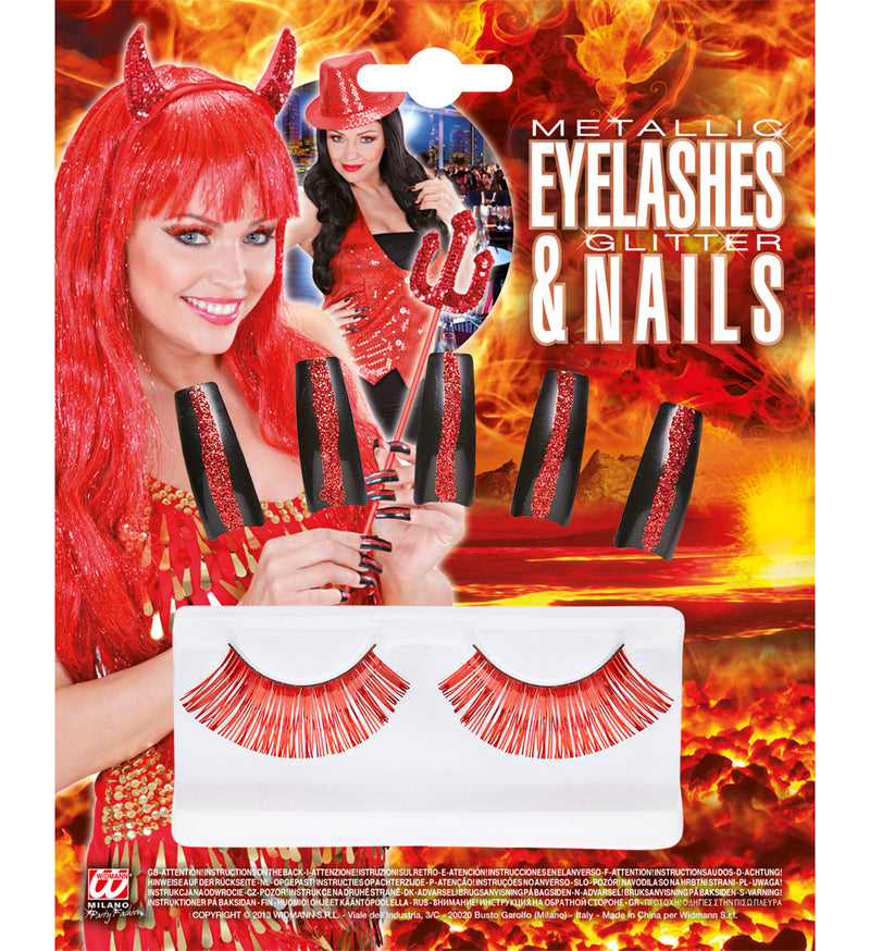 Glitzer Wimpern und Künstliche Nägel Set | Rot
