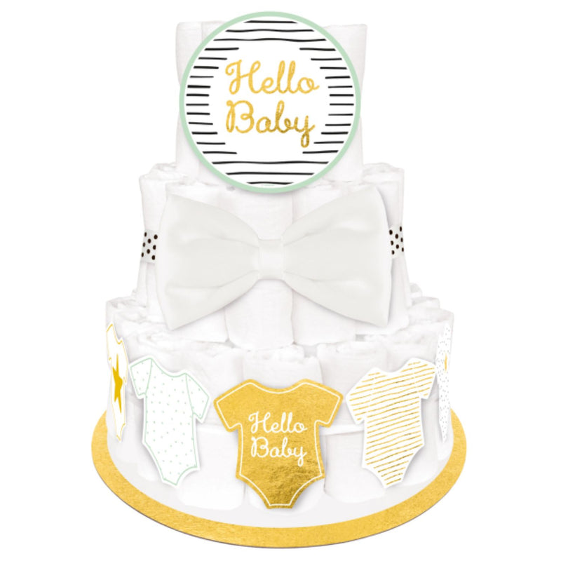 "Hello Baby" Deko für Windeltorte 5-tlg. | Weiß Gold