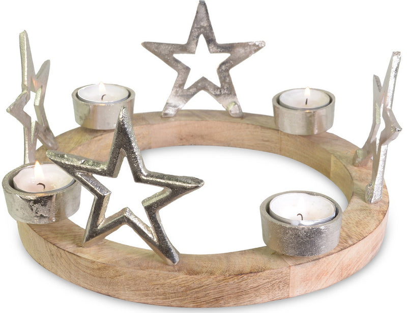 Holz Adventskranz mit Sternen für Teelichter Ø 25 cm | 75219 - Silber Kerzenhalter