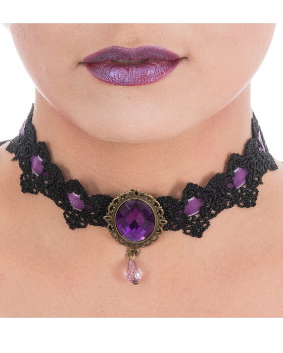 Gothik Halsband "Violet" | Schwarz Lila - Choker Halskette Schmuck Halloween Kostüm