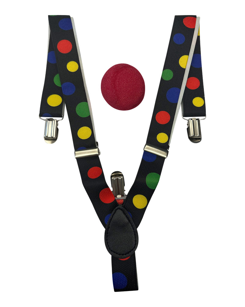 Clown Kostümset "Polka Dot" | Schwarz Bunt - Hosenträger Clownsnase