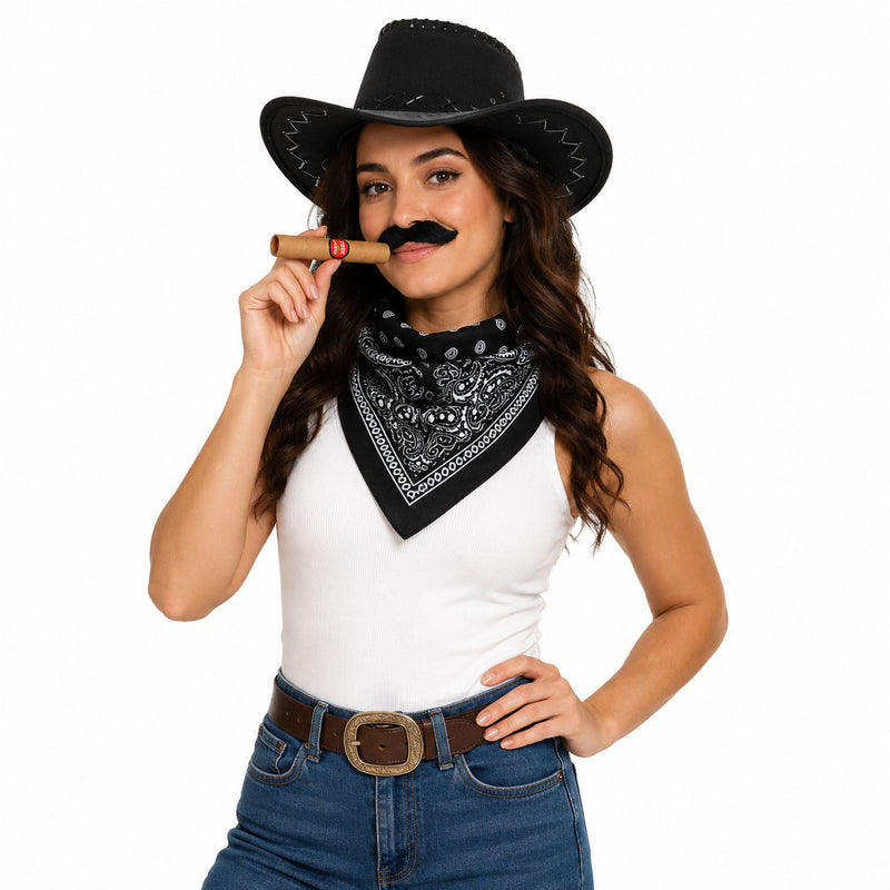 Cowboy Kostümset für Erwachsene 9-tlg. - Schwarz | Cowboyhut Halstuch Bärte
