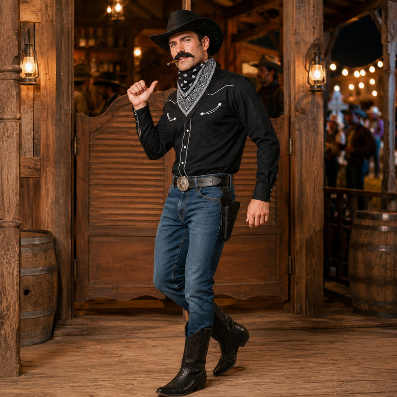 Cowboy Kostümset für Erwachsene 9-tlg. - Schwarz | Cowboyhut Halstuch Bärte