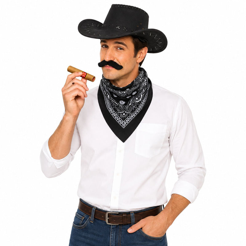 Cowboy Kostümset für Erwachsene 9-tlg. - Schwarz | Cowboyhut Halstuch Bärte